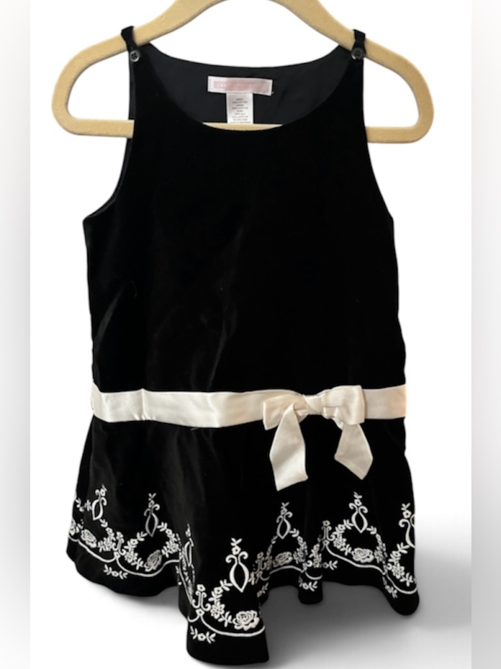 Janie And Jack Girls Black Velvet Dress White Satin Bow Floral Embroidery 2T